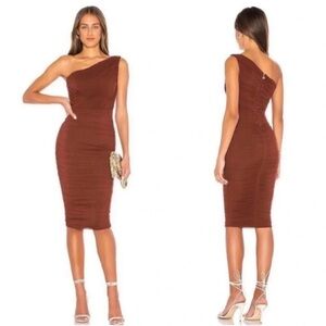 NWT Nookie Inspire One Shoulder Ruched Midi Dress Chocolate Brown